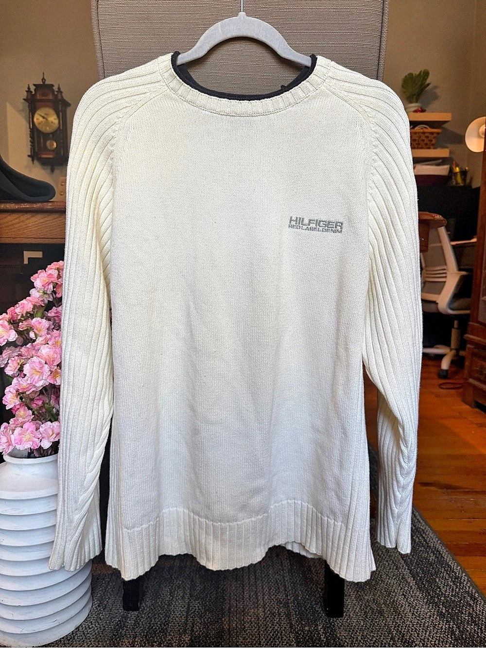 Vintage 90s Tommy Hilfiger Denim Made in Japan Ribbed Knit Sweater Medium White